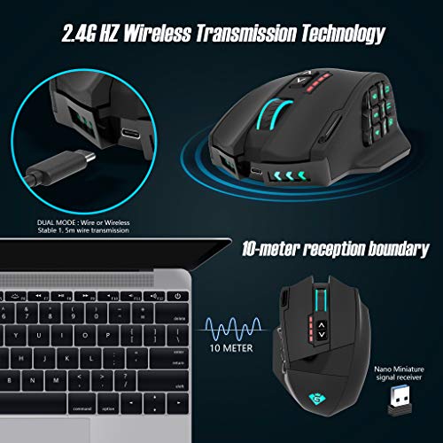 Gamspeed V8 Pro Wireless MMO Gaming Maus 16000 DPI USB Laser MMO Maus mit RGB Beleuchtung/16 programmierbare Tasten/16000 DPI Abtastrate/2.4G Funkmaus/ergonomisches Design Bild 3