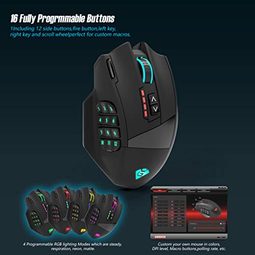 Gamspeed V8 Pro Wireless MMO Gaming Maus 16000 DPI USB Laser MMO Maus mit RGB Beleuchtung/16 programmierbare Tasten/16000 DPI Abtastrate/2.4G Funkmaus/ergonomisches Design Bild 6