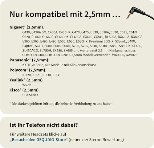 GEQUDIO Headset mit 2,5mm Klinke kompatibel mit Gigaset, Panasonic DECT Schnurlostelefon - Kopfhörer & Mikrofon mit Ersatz Polster - besonders leicht 60g (1-Ohr) Bild 5