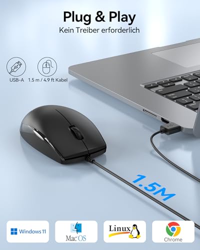 TECKNET Silent Maus mit Kabel, 1600 DPI Optical Business Computer Maus mit 3 Tasten, Symmetrisches Design für Links- & Rechtshänder, USB-Plug & Play, für Laptop/PC/Mac - Schwarz Bild 2