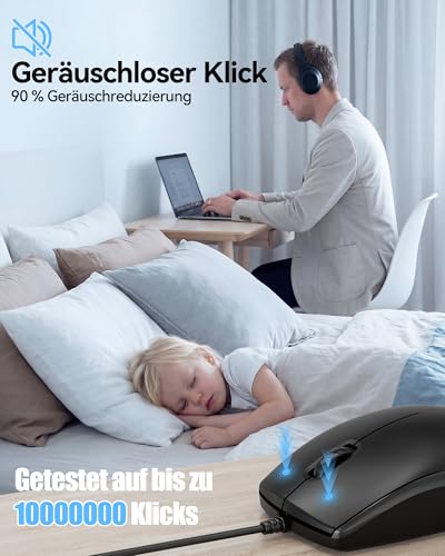 TECKNET Silent Maus mit Kabel, 1600 DPI Optical Business Computer Maus mit 3 Tasten, Symmetrisches Design für Links- & Rechtshänder, USB-Plug & Play, für Laptop/PC/Mac - Schwarz Bild 5