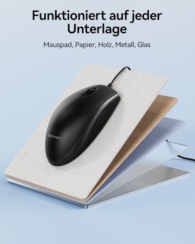 TECKNET Silent Maus mit Kabel, 1600 DPI Optical Business Computer Maus mit 3 Tasten, Symmetrisches Design für Links- & Rechtshänder, USB-Plug & Play, für Laptop/PC/Mac - Schwarz Bild 6