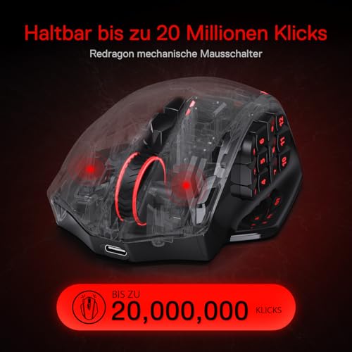 Redragon M913 Impact Elite Wireless Gaming Maus, 16000 DPI Verkabelte/Kabellose RGB Maus mit 20 Programmierbaren Tasten, 45 Std. Batteriebetrieb und Optischem Pro-Sensor, 12 Seitentasten MMO-Maus Bild 2