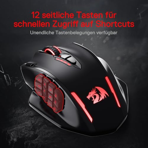 Redragon M913 Impact Elite Wireless Gaming Maus, 16000 DPI Verkabelte/Kabellose RGB Maus mit 20 Programmierbaren Tasten, 45 Std. Batteriebetrieb und Optischem Pro-Sensor, 12 Seitentasten MMO-Maus Bild 4