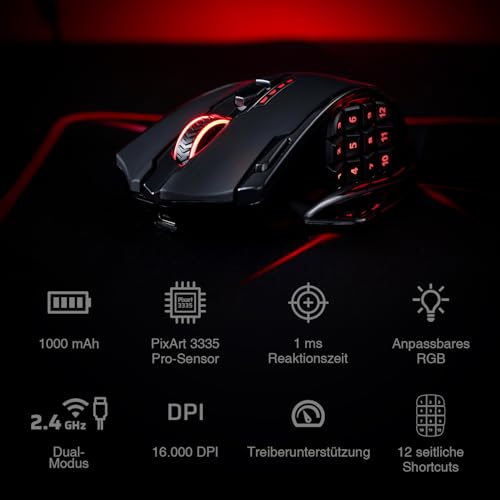 Redragon M913 Impact Elite Wireless Gaming Maus, 16000 DPI Verkabelte/Kabellose RGB Maus mit 20 Programmierbaren Tasten, 45 Std. Batteriebetrieb und Optischem Pro-Sensor, 12 Seitentasten MMO-Maus Bild 6