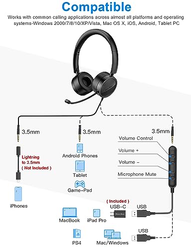 New Bee USB-Kopfhörer mit Mikrofon mit 3,5-mm-Klinkenstecker, Geräuschunterdrückung, bequem, leicht, Business-Stil, für PC/Laptop, Android-Handy (schwarz) Bild 2