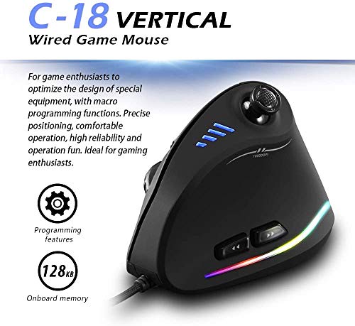 Zelotes Vertikale Maus mit Kontrollleiste, 10000 DPI, LED, optisch, USB, kabelgebunden, Gaming-Maus, Schwarz Bild 5
