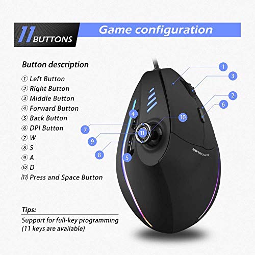 Zelotes Vertikale Maus mit Kontrollleiste, 10000 DPI, LED, optisch, USB, kabelgebunden, Gaming-Maus, Schwarz Bild 6