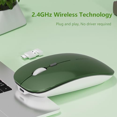 Uiosmuph Q5 Kabellos Maus, Wiederaufladbar Funkmaus 2.4G Leise Funkmaus Ultra Dünn Wireless Computermaus 1600 DPI Mit Mäuse mit USB Empfänger Typ C für Laptop, PC, Linux (dunkel grün) Bild 2