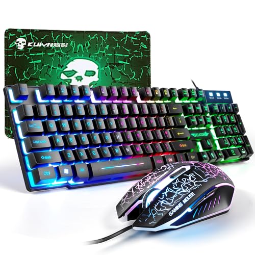Gaming-Tastatur und Maus-Set, 104 Tasten Rainbow Backlit QWERTY UK Layout-Tastatur + 2400 DPI 4 Tasten Atemmaus + Mauspad-Kombination, USB-Kabel Kompatibel mit PS4 XBox (Need Adapter) Schwarz Bild 1