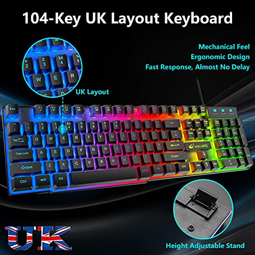 Gaming-Tastatur und Maus-Set, 104 Tasten Rainbow Backlit QWERTY UK Layout-Tastatur + 2400 DPI 4 Tasten Atemmaus + Mauspad-Kombination, USB-Kabel Kompatibel mit PS4 XBox (Need Adapter) Schwarz Bild 2
