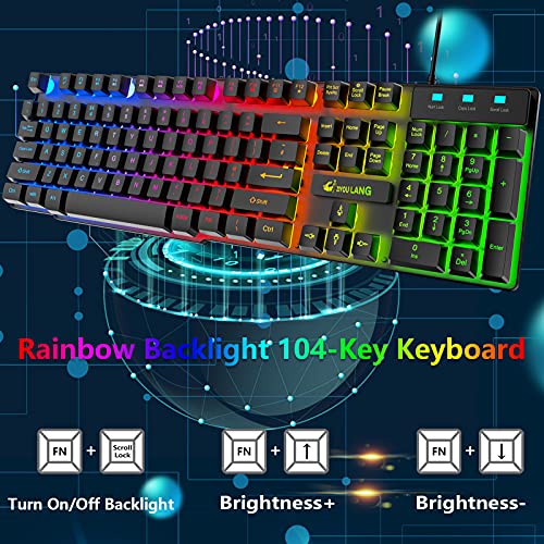 Gaming-Tastatur und Maus-Set, 104 Tasten Rainbow Backlit QWERTY UK Layout-Tastatur + 2400 DPI 4 Tasten Atemmaus + Mauspad-Kombination, USB-Kabel Kompatibel mit PS4 XBox (Need Adapter) Schwarz Bild 3