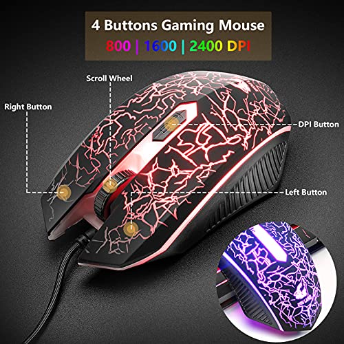 Gaming-Tastatur und Maus-Set, 104 Tasten Rainbow Backlit QWERTY UK Layout-Tastatur + 2400 DPI 4 Tasten Atemmaus + Mauspad-Kombination, USB-Kabel Kompatibel mit PS4 XBox (Need Adapter) Schwarz Bild 6