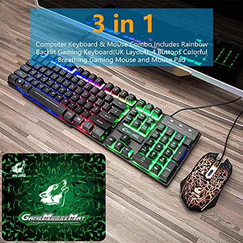 Gaming-Tastatur und Maus-Set, 104 Tasten Rainbow Backlit QWERTY UK Layout-Tastatur + 2400 DPI 4 Tasten Atemmaus + Mauspad-Kombination, USB-Kabel Kompatibel mit PS4 XBox (Need Adapter) Schwarz Bild 7