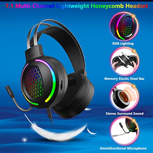 Gaming Tastatur Headset & Maus Set, 104 Tasten Rainbow Backlit UK Layout Tastatur 2400DPI Maus 7.1 Surround Sound RGB Leichte Waben Headset Mauspad Kombination für PS4 XBox(Need Adapter) Schwarz Bild 3
