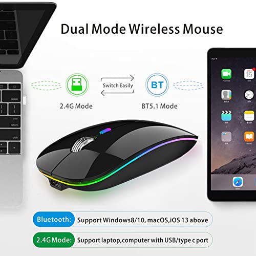 Uiosmuph Bluetooth Maus Kabellose, LED Funkmaus wiederaufladbar Leise Wireless Mouse 2.4GHz Kabellos Optische Maus mit USB Nano Empfänger für PC/Tablet/Laptop Computer (glänzend schwarz) Bild 2