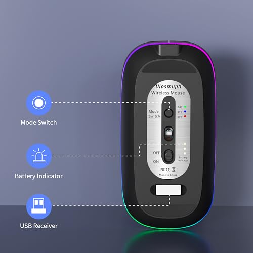 Uiosmuph Bluetooth Maus Kabellose, LED Funkmaus wiederaufladbar Leise Wireless Mouse 2.4GHz Kabellos Optische Maus mit USB Nano Empfänger für PC/Tablet/Laptop Computer (glänzend schwarz) Bild 5