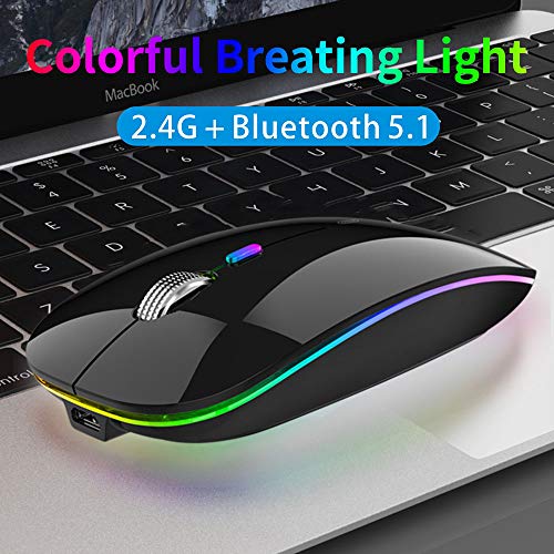 Uiosmuph Bluetooth Maus Kabellose, LED Funkmaus wiederaufladbar Leise Wireless Mouse 2.4GHz Kabellos Optische Maus mit USB Nano Empfänger für PC/Tablet/Laptop Computer (glänzend schwarz) Bild 6