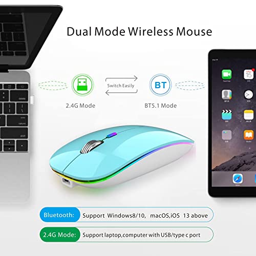 Uiosmuph Bluetooth Maus Kabellose, LED Funkmaus wiederaufladbar Leise Wireless Mouse 2.4GHz Kabellos Optische Maus mit USB Nano Empfänger für PC/Tablet/Laptop Computer (Blau) Bild 2