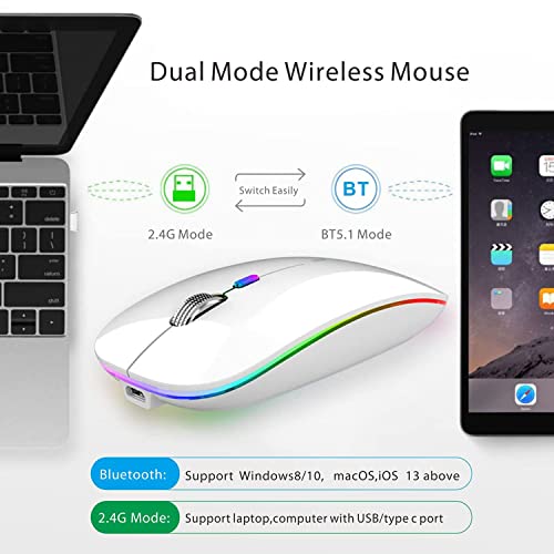 Uiosmuph Bluetooth Maus Kabellose, LED Funkmaus wiederaufladbar Leise Wireless Mouse 2.4GHz Kabellos Optische Maus mit USB Nano Empfänger für PC/Tablet/Laptop Computer (Weiß) Bild 2