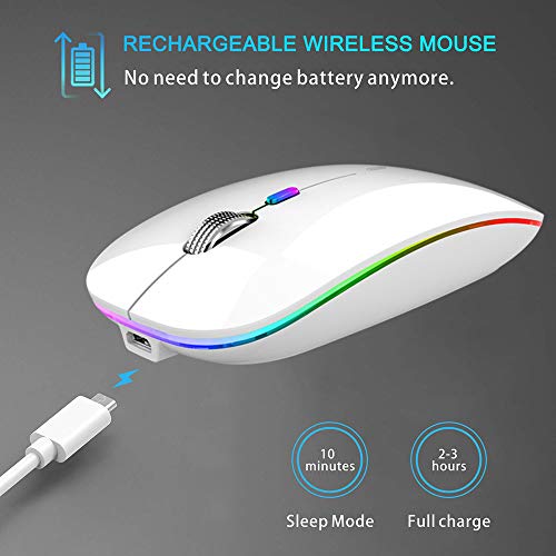 Uiosmuph Bluetooth Maus Kabellose, LED Funkmaus wiederaufladbar Leise Wireless Mouse 2.4GHz Kabellos Optische Maus mit USB Nano Empfänger für PC/Tablet/Laptop Computer (Weiß) Bild 3