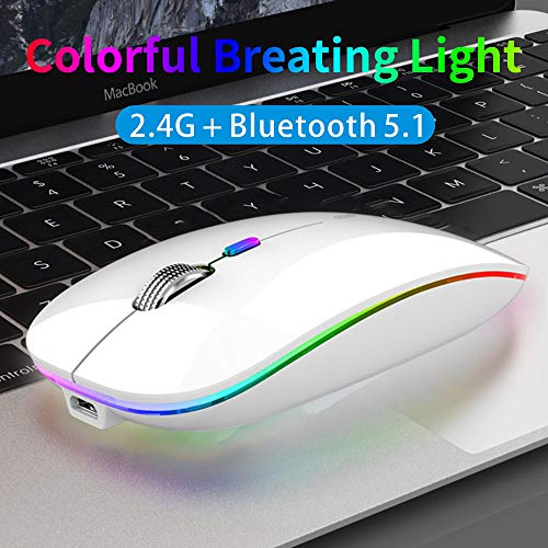 Uiosmuph Bluetooth Maus Kabellose, LED Funkmaus wiederaufladbar Leise Wireless Mouse 2.4GHz Kabellos Optische Maus mit USB Nano Empfänger für PC/Tablet/Laptop Computer (Weiß) Bild 5
