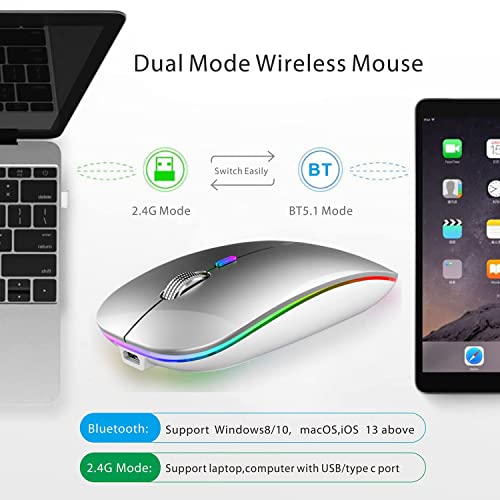 Uiosmuph Bluetooth Maus Kabellose, LED Funkmaus wiederaufladbar Leise Wireless Mouse 2.4GHz Kabellos Optische Maus mit USB Nano Empfänger für PC/Tablet/Laptop Computer (Silber) Bild 2