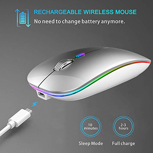 Uiosmuph Bluetooth Maus Kabellose, LED Funkmaus wiederaufladbar Leise Wireless Mouse 2.4GHz Kabellos Optische Maus mit USB Nano Empfänger für PC/Tablet/Laptop Computer (Silber) Bild 3