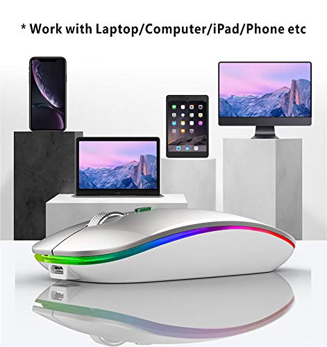 Uiosmuph Bluetooth Maus Kabellose, LED Funkmaus wiederaufladbar Leise Wireless Mouse 2.4GHz Kabellos Optische Maus mit USB Nano Empfänger für PC/Tablet/Laptop Computer (Silber) Bild 5