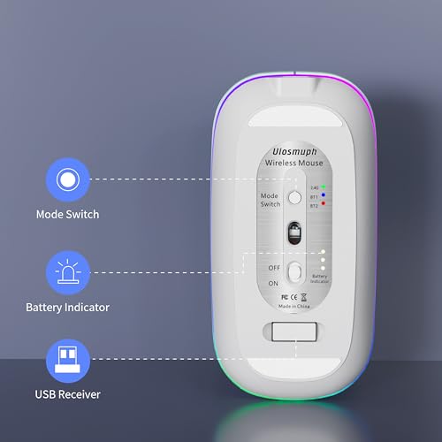 Uiosmuph Bluetooth Maus Kabellose, LED Funkmaus wiederaufladbar Leise Wireless Mouse 2.4GHz Kabellos Optische Maus mit USB Nano Empfänger für PC/Tablet/Laptop Computer (Silber) Bild 6