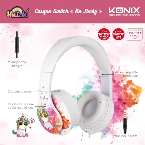 Konix Unik Gaming-Headset für PS4, PS5, Switch, Xbox - Integriertes Mikrofon - 1,2 m-Kabel - 3,5 mm Klinkenstecker - Be Funky - Motiv Einhorn Bild 2