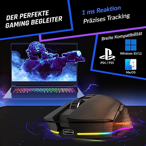 KLIM Blaze - Wiederaufladbare kabellose RGB Gaming Maus - NEU - Hochpräziser Sensor mit Langer Akkudauer - Einstellbar auf bis zu 10000 DPI - Kabel- und Funk Maus Modus (Schwarz) Bild 3