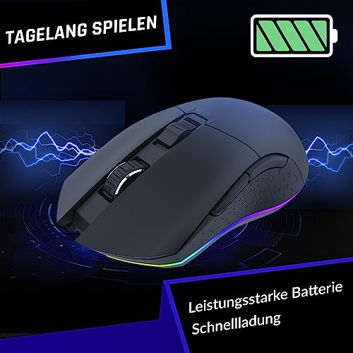 KLIM Blaze - Wiederaufladbare kabellose RGB Gaming Maus - NEU - Hochpräziser Sensor mit Langer Akkudauer - Einstellbar auf bis zu 10000 DPI - Kabel- und Funk Maus Modus (Schwarz) Bild 4