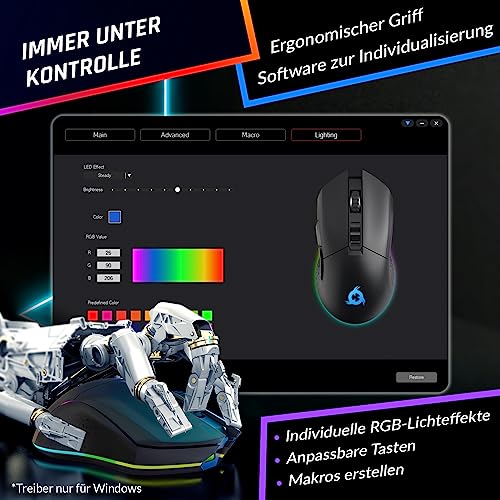 KLIM Blaze - Wiederaufladbare kabellose RGB Gaming Maus - NEU - Hochpräziser Sensor mit Langer Akkudauer - Einstellbar auf bis zu 10000 DPI - Kabel- und Funk Maus Modus (Schwarz) Bild 5