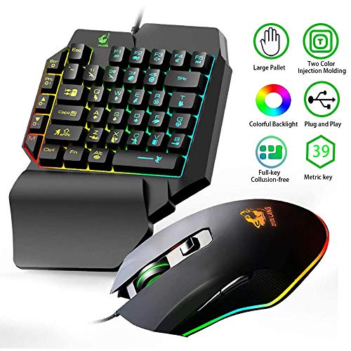 Kombination aus Gaming-Tastatur und -Maus, verkabelt 39 Tasten Mechanisches Gefühl Regenbogen-Hintergrundbeleuchtung mit Handgelenkstütze Für PC/Xbox/PS4-Einhandtastatur und RGB-Gaming-Maus (schwarz) Bild 2