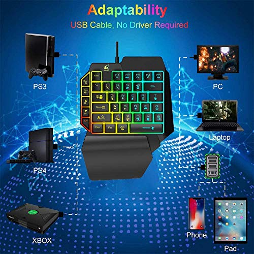 Kombination aus Gaming-Tastatur und -Maus, verkabelt 39 Tasten Mechanisches Gefühl Regenbogen-Hintergrundbeleuchtung mit Handgelenkstütze Für PC/Xbox/PS4-Einhandtastatur und RGB-Gaming-Maus (schwarz) Bild 5