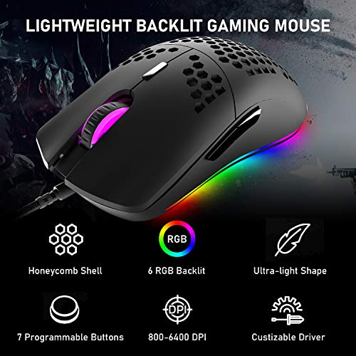 M1 Pro Gaming Maus, 69G Honeycomb Shell Extrem leichte kabelgebundene Optical Maus, 6 RGB Farbwechselmodi 6400 DPI 6 Taste Programmierbare USB Computer-Maus für PC/Mac/Laptop /PS4, Schwarz Bild 2