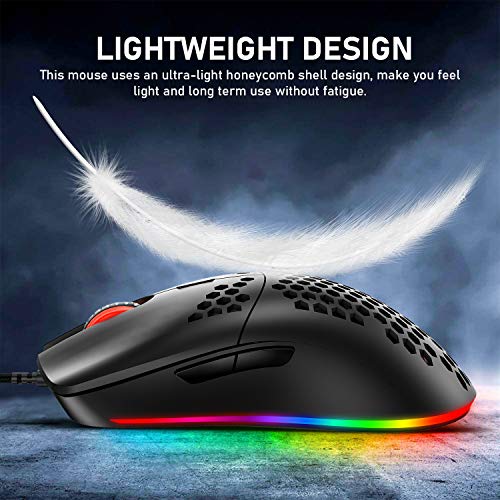 M1 Pro Gaming Maus, 69G Honeycomb Shell Extrem leichte kabelgebundene Optical Maus, 6 RGB Farbwechselmodi 6400 DPI 6 Taste Programmierbare USB Computer-Maus für PC/Mac/Laptop /PS4, Schwarz Bild 3