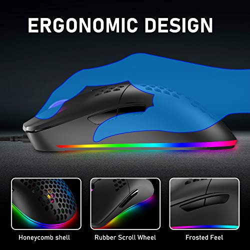 M1 Pro Gaming Maus, 69G Honeycomb Shell Extrem leichte kabelgebundene Optical Maus, 6 RGB Farbwechselmodi 6400 DPI 6 Taste Programmierbare USB Computer-Maus für PC/Mac/Laptop /PS4, Schwarz Bild 4