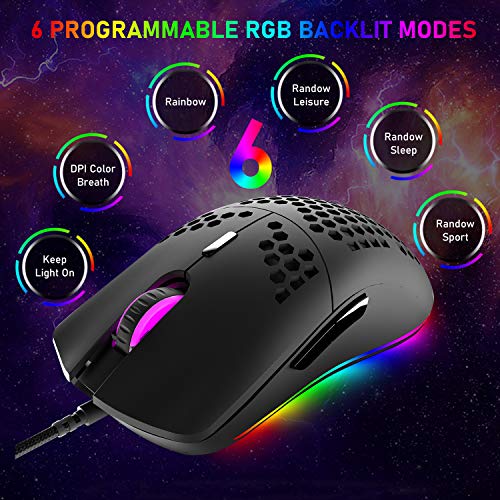 M1 Pro Gaming Maus, 69G Honeycomb Shell Extrem leichte kabelgebundene Optical Maus, 6 RGB Farbwechselmodi 6400 DPI 6 Taste Programmierbare USB Computer-Maus für PC/Mac/Laptop /PS4, Schwarz Bild 5