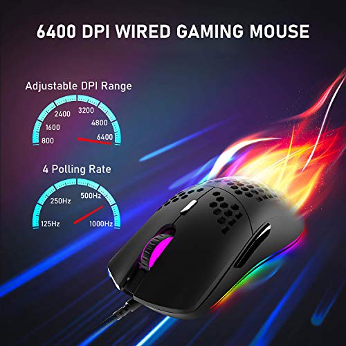 M1 Pro Gaming Maus, 69G Honeycomb Shell Extrem leichte kabelgebundene Optical Maus, 6 RGB Farbwechselmodi 6400 DPI 6 Taste Programmierbare USB Computer-Maus für PC/Mac/Laptop /PS4, Schwarz Bild 6