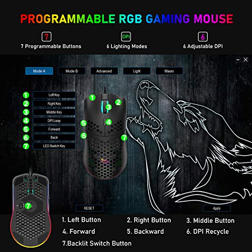 M1 Pro Gaming Maus, 69G Honeycomb Shell Extrem leichte kabelgebundene Optical Maus, 6 RGB Farbwechselmodi 6400 DPI 6 Taste Programmierbare USB Computer-Maus für PC/Mac/Laptop /PS4, Schwarz Bild 7