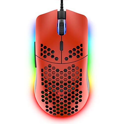 M1 Pro Gaming Maus, 69G Honeycomb Shell Extrem leichte kabelgebundene Optical Maus, 6 RGB Farbwechselmodi 6400 DPI 6 Taste Programmierbare USB Computer-Maus für PC/Mac/Laptop /PS4, Rot Bild 1