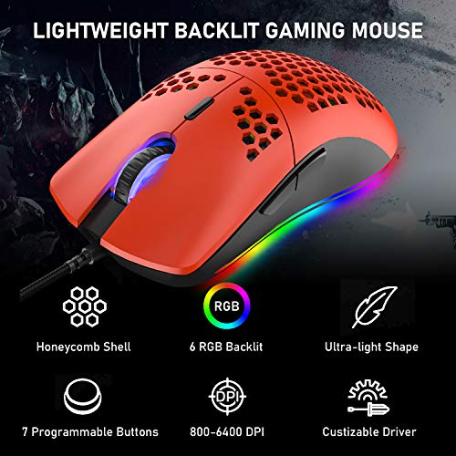 M1 Pro Gaming Maus, 69G Honeycomb Shell Extrem leichte kabelgebundene Optical Maus, 6 RGB Farbwechselmodi 6400 DPI 6 Taste Programmierbare USB Computer-Maus für PC/Mac/Laptop /PS4, Rot Bild 2