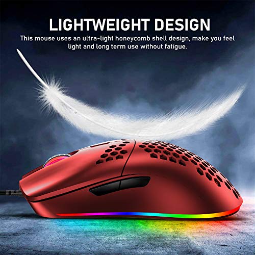 M1 Pro Gaming Maus, 69G Honeycomb Shell Extrem leichte kabelgebundene Optical Maus, 6 RGB Farbwechselmodi 6400 DPI 6 Taste Programmierbare USB Computer-Maus für PC/Mac/Laptop /PS4, Rot Bild 3