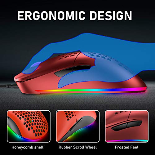 M1 Pro Gaming Maus, 69G Honeycomb Shell Extrem leichte kabelgebundene Optical Maus, 6 RGB Farbwechselmodi 6400 DPI 6 Taste Programmierbare USB Computer-Maus für PC/Mac/Laptop /PS4, Rot Bild 4