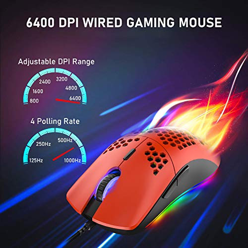 M1 Pro Gaming Maus, 69G Honeycomb Shell Extrem leichte kabelgebundene Optical Maus, 6 RGB Farbwechselmodi 6400 DPI 6 Taste Programmierbare USB Computer-Maus für PC/Mac/Laptop /PS4, Rot Bild 5