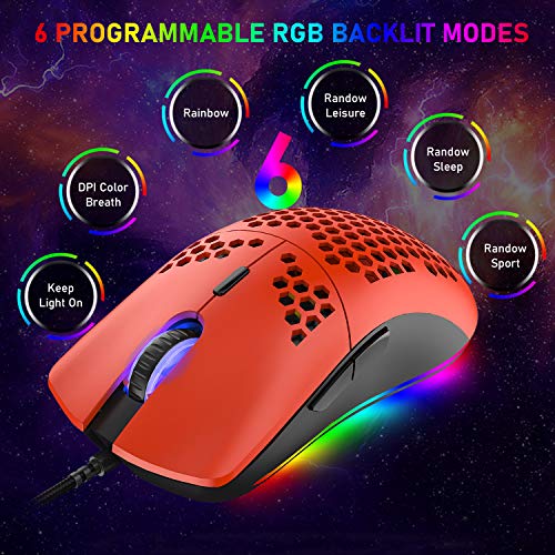 M1 Pro Gaming Maus, 69G Honeycomb Shell Extrem leichte kabelgebundene Optical Maus, 6 RGB Farbwechselmodi 6400 DPI 6 Taste Programmierbare USB Computer-Maus für PC/Mac/Laptop /PS4, Rot Bild 6