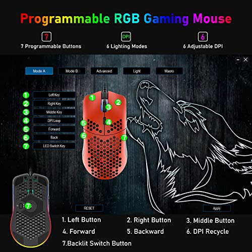 M1 Pro Gaming Maus, 69G Honeycomb Shell Extrem leichte kabelgebundene Optical Maus, 6 RGB Farbwechselmodi 6400 DPI 6 Taste Programmierbare USB Computer-Maus für PC/Mac/Laptop /PS4, Rot Bild 7