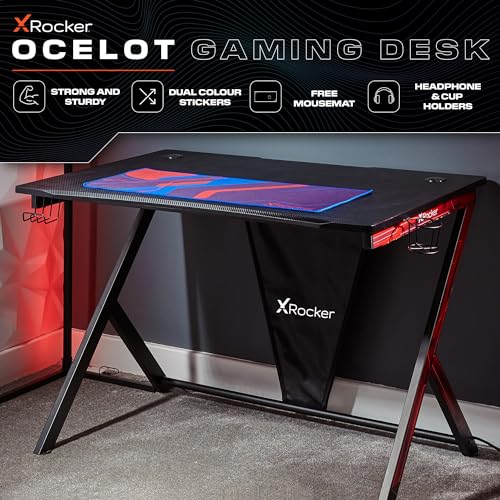 X Rocker Ocelot Aluminium Carbon Gaming Tisch mit Kabelmanagement, Headset-Ablage & Becherhalter 115 x 73,5 x 77 cm Bild 3
